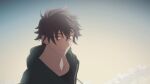  1boy black_hair black_shirt blue_sky blush cloud cloudy_sky commentary english_commentary gradient_sky green_eyes green_jacket hair_between_eyes highres hood hood_down hooded_jacket iwatani_naofumi jacket looking_at_viewer male_focus masuji messy_hair official_style outdoors partially_open_jacket shirt short_hair sky smile solo tate_no_yuusha_no_nariagari tearing_up upper_body yellow_sky 