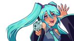  1girl :d aiming aiming_at_viewer aqua_eyes aqua_hair aqua_nails aqua_trim bare_shoulders borcheim collared_shirt commentary detached_sleeves english_commentary finger_on_trigger fingernails gun hair_between_eyes hand_up handgun hatsune_miku headset holding holding_gun holding_weapon long_hair looking_at_viewer necktie shirt sleeveless sleeveless_shirt smile solo twintails vocaloid weapon 