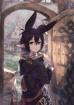  animal_ears bangs black_hair blush commentary door extra_ears hair_between_eyes highres hood looking_at_viewer looking_back mano_(narumi_arata) narumi_arata open_mouth original pointy_ears purple_eyes short_hair solo standing 