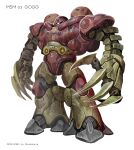  absurdres arms_at_sides artist_name character_name claws commentary full_body glowing glowing_eye gogg gundam highres mecha mecha_focus mobile_suit mobile_suit_gundam no_humans one-eyed_mecha original red_eyes redesign robot science_fiction simple_background solo standing subakeye twitter_username white_background zeon 