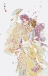  1boy 1girl breasts brown_hair chaoxibumian chinese_clothes closed_mouth commentary double_bun dress falling_petals fish floral_print floral_print_dress folding_fan goldfish hair_bun hand_fan highres holding holding_fan light_smile long_dress long_hair looking_at_another love_and_deepspace medium_breasts official_alternate_hairstyle parted_bangs petals pink_petals print_dress protagonist_(love_and_deepspace) purple_hair rafayel_(love_and_deepspace) robe untranslatable_commentary white_background wide_sleeves yellow_robe 