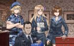  1boy 3girls absurdres beret black_hair blonde_hair blue_eyes brown_hair camouflage command_&amp;_conquer command_&amp;_conquer:_red_alert commentary_request conscript96 crossed_arms formal_clothes glasses hair_ornament hat highres hood_(warship_girls_r) indoors jacket long_hair lyon_(warship_girls_r) map military military_uniform multiple_girls naval_uniform necktie picture_frame red_eyes short_hair skirt smile suit suitcase tennessee_(warship_girls_r) warship_girls_r 