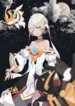  bad_id bad_pixiv_id bare_shoulders blurry_foreground code:_empress_(elsword) collar commentary cowboy_shot double_bun dress elsword eve_(elsword) full_moon grey_hair highres long_sleeves looking_at_viewer moby_(elsword) moon off_shoulder one_eye_closed parted_lips remy_(elsword) short_hair solo soya_(torga) standing white_dress white_sleeves wide_sleeves yellow_eyes 