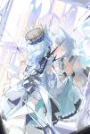  1girl absurdres animal_ears arknights black_ribbon blue_hair border braid broken_mirror castle cat_ears chino_(user_zdyd2447) clothes_lift commentary detached_sleeves dress frills from_behind green_eyes hair_ornament hair_ribbon hand_on_mirror hat highres long_hair long_sleeves looking_at_mirror mirror multicolored_hair official_alternate_costume parted_lips ribbon rosmontis_(an_airy_dream)_(arknights) rosmontis_(arknights) see-through_clothes single_braid skirt skirt_lift solo standing white_border white_dress white_hair wrist_cuffs 
