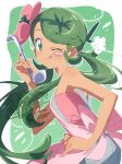  1girl apron bare_shoulders blue_hair blush breasts closed_mouth dark-skinned_female dark_skin flower green_eyes green_hair green_headband grey_overalls hair_flower hair_ornament headband highres holding holding_ladle ladle long_hair looking_at_viewer mallow_(pokemon) one_eye_closed overall_shorts overalls pink_apron pink_flower pokemon pokemon_sun_and_moon serizawa_serizane small_breasts smile tongue tongue_out twintails 