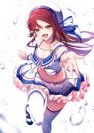  1girl amaki-chan_(volfuji) bikini bikini_under_clothes blue_shoes breasts circle_skirt cleavage colored_petticoat commentary_request crop_top cropped_shirt foot_out_of_frame frilled_bikini frilled_sailor_collar frills hair_tubes hat highres layered_skirt long_hair love_live! love_live!_sunshine!! luis_frois_(oda_nobuna_no_yabou) medium_breasts miniskirt navel offering_hand official_alternate_costume petticoat pink_bikini polka_dot polka_dot_bikini reaching reaching_towards_viewer red_hair sailor_collar sailor_hat sailor_shirt sakurauchi_riko shirt shoes single_hair_tube single_sidelock skirt solo standing standing_on_one_leg swimsuit thighhighs water_drop white_hat white_shirt white_thighhighs wrist_cuffs yellow_eyes 