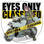  1girl artist_name biker_clothes bikesuit black_bodysuit black_eyes black_hair blunt_bangs bodysuit boots breasts closed_mouth english_text gloves green_bodysuit green_boots green_gloves hand_on_helmet helmet hime_cut kickstand kikou_souseiki_mospeada long_hair looking_at_viewer medium_breasts mospeada mospeada_(mecha) motor_vehicle motorcycle multicolored_bodysuit on_motorcycle original smile solo two-tone_bodysuit unworn_headwear unworn_helmet yamato_akira 