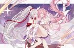  2girls absurdres black_shorts boots carrying commentary commission corset elysia_(herrscher_of_human:_ego)_(honkai_impact) elysia_(honkai_impact) gloves high_ponytail highres honkai_(series) honkai_impact_3rd kiana_kaslana kiana_kaslana_(ba-dum!_fiery_wishing_star) letterboxed long_hair multicolored_hair multiple_girls pink_hair ponytail princess_carry pristinemori shorts sky smile star_(sky) starry_sky thighs two-tone_hair very_long_hair white_boots white_corset white_gloves white_hair yuri 