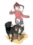  animal ball bangs blue_shorts blush boots breasts brown_eyes brown_footwear brown_hair commentary_request denchuubou dog dribbling ginga_e_kickoff!! grin jumping leaves_in_wind long_sleeves ponytail purple_scrunchie red_eyes scrunchie shorts sidelocks simple_background sleeves_past_wrists small_breasts smile soccer_ball sweatshirt takatoo_erika thighhighs tongue tongue_out 