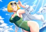  1girl absurdres alternate_breast_size_(larger) blonde_hair blue_eyes blue_sky breasts cleavage cloud cloudy_sky collarbone commentary covered_navel day dutch_angle eyewear_on_head green_one-piece_swimsuit grin gundam guttiworld highleg highleg_one-piece_swimsuit highres large_breasts looking_back medium_hair mobile_suit_gundam ocean one-piece_swimsuit open_clothes open_shirt outdoors sayla_mass shirt shirt_partially_removed sky smile solo sunglasses sunlight swimsuit 