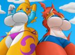  2018 3_fingers anthro big_breasts bikini black_sclera blue_eyes breasts cleavage clothed clothing cloud cloudscape creatiffy day digimon duo female fur guilmon huge_breasts looking_at_viewer looking_down low-angle_view multicolored_fur navel outside purple_fur renamon scalie sky swimsuit under_boob undressing white_fur yellow_eyes yellow_fur 