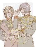  2boys belt black_capelet blonde_hair bob_cut capelet char_aznable collared_jacket crossed_arms curly_hair epaulettes garma_zabi gloves green_jacket grin gundam highres jacket looking_at_another looking_to_the_side male_focus medium_hair mobile_suit_gundam multiple_boys purple_hair red_jacket siodam410 smile straight_hair watermark white_belt white_gloves zeon 
