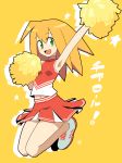  1girl arm_up armpits bangs bare_arms bare_legs blonde_hair blush breasts cheerleader full_body green_eyes jumping legs_together legs_up long_hair miniskirt muu_(mumumer) open_mouth outstretched_arm pom_poms rockman rockman_dash roll_caskett shoes simple_background skirt small_breasts smile sneakers solo star text_focus yellow_background 