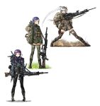  3girls ammunition_pouch backpack bag blue_hair braid bren_lmg camouflage canteen commentary_request dp-27 gun gun_sling headband headphones highres insignia light_machine_gun load-bearing_vest machine_gun mars_expedition mg42 military military_patch military_uniform multiple_girls original pouch purple_hair soldier standing thighhighs twin_braids twintails weapon white_background white_hair y_(khakiyawn) 