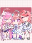  3girls absurdres black_shorts blush_stickers breasts chinese_commentary color_connection commentary_request company_connection corset cyrene_(demiurge)_(honkai:_star_rail) cyrene_(honkai:_star_rail) diamond-shaped_pupils diamond_(shape) dress elysia_(herrscher_of_human:_ego)_(honkai_impact) elysia_(honkai_impact) feathered_wings hair_color_connection hair_ornament highres honkai:_star_rail honkai_(series) honkai_impact_3rd inoue_marina ji_jian_moshi long_hair looking_at_viewer medium_breasts medium_hair mihoyo multiple_girls pink_background pink_hair pointy_ears purple_eyes remielle_dan short_shorts shorts simple_background symbol-shaped_pupils very_long_hair voice_actor_connection white_corset white_dress white_wings wings yanning zenless_zone_zero 
