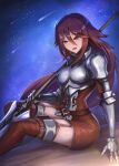  1girl arm_armor armor armored_dress belt blush boots breastplate breasts commentary commission cordelia_(fire_emblem) dress english_commentary eyelashes fire_emblem fire_emblem_awakening garter_straps hair_between_eyes highres holding holding_weapon long_hair looking_at_viewer night open_mouth red_boots red_dress red_eyes red_garter_straps red_hair red_thighhighs shooting_star short_dress shoulder_armor sitting sky skyde_kei smile solo star_(sky) starry_sky teeth thigh_boots thighhighs upper_teeth_only vgen_commission weapon zettai_ryouiki 