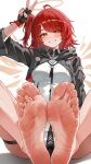  1girl :d absurdres ahoge arknights arm_up barefoot black_gloves black_jacket blush chinese_commentary commentary_request detached_wings earrings exusiai_(arknights) exusiai_the_new_covenant_(arknights) feet fingerless_gloves foot_focus foot_pussy full_body gloves grey_halo grin halo he_c92 highres jacket jewelry knees_apart_feet_together knees_up long_sleeves looking_at_viewer one_side_up red_hair revision short_hair simple_background sitting smile soles solo thigh_strap toes traditional_halo v v_over_head white_background wings yellow_eyes 