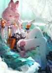  1girl absurdres animal_ear_fluff animal_ears arknights bag black_shoes black_skirt capelet carrot chinese_commentary commentary_request fingerless_gloves food full_body fur-trimmed_skirt fur_trim gloves hands_up highres holding holding_food holding_notebook holding_vegetable infection_monitor_(arknights) jiu_yue_jiu long_hair looking_at_viewer material_growth notebook orange_bag orange_gloves oripathy_lesion_(arknights) pink_eyes pink_hair pink_shirt pouch rabbit_ears rabbit_girl shirt shoes sidelighting sitting skirt smile solo thigh_pouch thighhighs thumpy_(arknights) vegetable white_capelet white_rabbit_(animal) white_thighhighs 