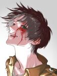  1boy black_hair blood blood_on_face brown_jacket commentary crazy_smile eren_yeager floating_hair green_eyes grey_background highres jacket kana_cat looking_at_viewer male_focus open_mouth shingeki_no_kyojin short_hair simple_background smile solo teeth 