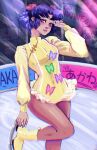  1girl animal_print boots brittnidraws brown_eyeshadow brown_pantyhose butterfly_print character_name english_commentary flower frilled_leotard frills hair_flower hair_ornament hand_up ice_skates leg_up leotard official_alternate_costume pantyhose parted_lips pink_flower pink_lips purple_hair ranma_1/2 short_hair skates skating_rink solo tendou_akane yellow_boots yellow_leotard 