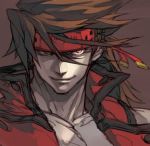  bangs brown_hair commentary glowing glowing_eyes guilty_gear hair_between_eyes hankuri headband high_collar jacket looking_at_viewer male_focus muscle red_jacket smile sol_badguy solo upper_body 