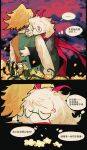  2boys aislan blonde_hair chinese_commentary chinese_text closed_eyes commentary deltarune flower flowery_(deltarune) furry furry_male glasses goat_boy green-framed_eyewear highres horns multiple_boys pink_eyes pink_horns pink_scarf plant ralsei scarf severed_torso simplified_chinese_text translated utdr_(toby_fox) vines yellow_flower 