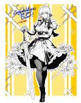  1girl absurdres ahoge alternate_breast_size_(larger) artoria_pendragon_(fate) arusanda braid breasts cleavage commentary congratulations dated dress english_commentary english_text excalibur_(fate/stay_night) fate/stay_night fate_(series) full_body greyscale_with_colored_background hair_ribbon highres honkai:_star_rail honkai_(series) juliet_sleeves large_breasts long_sleeves medium_dress nail_polish puffy_sleeves ribbon saber_(fate) saber_(honkai:_star_rail)_(fate) sidelocks solo sparkle_background sword weapon yellow_background 