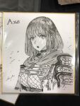  1girl axe_(navigavi) breasts cape character_name commentary_request english_text gambeson highres jun_(navigavi) large_breasts looking_at_viewer monochrome open_mouth original paper_background photo_(medium) shikishi short_hair shoulder_guard signature sketch solo teeth traditional_media upper_body upper_teeth_only 
