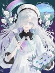  1girl :d absurdres aqua_ascot ascot beret black_pantyhose blue_hair calla_lily collared_dress contrast_collar dress fang flower gomidasu_(kamitsubaki_studio) grey_eyes grey_hair hair_flower hair_ornament hair_over_one_eye hat highres holding holding_paintbrush isekaijoucho kamitsubaki_studio layered_sleeves long_hair long_sleeves looking_at_viewer multicolored_ascot multicolored_hair official_alternate_costume one_eye_covered paint_palette paint_splatter paint_splatter_on_face paintbrush pantyhose pink_ascot puffy_sleeves purple_ascot rainbow ribbon sidelocks skin_fang smile white_dress white_flower white_hat white_ribbon yuuneka 
