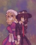  2girls asymmetrical_sidelocks black_capelet black_hat black_skirt blonde_hair bow brown_hair capelet closed_mouth collared_dress colorful_background commentary cowboy_shot dress fedora hat hat_bow holding_hands long_sleeves maribel_hearn mil_sulley mob_cap moon_phases multiple_girls neck_ribbon necktie purple_dress purple_eyes red_necktie red_ribbon ribbon shirt shirt_tucked_in shooting_star sidelocks skirt smile touhou untranslatable_commentary usami_renko white_bow white_hat white_shirt 