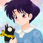  1girl absurdres animal baby_animal closed_mouth commentary english_commentary frown fuurinkan_high_school_uniform highres holding holding_animal neelu_illust official_style p-chan_(ranma_1/2) piglet pink_eyes purple_hair ranma_1/2 school_uniform short_hair tendou_akane 