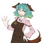  1girl animal_ears apron black_apron breasts closed_eyes commentary deily dog_ears dog_girl dog_tail english_commentary green_hair hand_on_own_hip kasodani_kyouko large_breasts long_sleeves open_mouth short_hair simple_background smile solo tail touhou white_background 