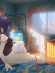  2girls blush bottomless camisole closed_eyes commentary crt cunnilingus curtains english_commentary highres honkai_(series) honkai_impact_3rd indoors kiana_kaslana multiple_girls on_bed oral photo_background purple_hair raiden_mei sitting spongebob_squarepants spongebob_squarepants_(series) strap_slip terimmeow white_hair yuri 