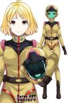 1girl alternate_eye_color assault_visor black_boots black_gloves blonde_hair bodysuit boots breasts brown_eyes closed_mouth collared_bodysuit commentary_request earth_federation_space_forces full_body gloves gundam helmet highres holding holding_unworn_helmet mecha_pilot_suit medium_hair mobile_suit_gundam normal_suit_(gundam) sayla_mass skin_tight smile spacesuit temisu_no_nageki unworn_headwear unworn_helmet white_background 