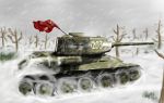  highres military military_vehicle motor_vehicle no_humans original sky snow snowing soviet_flag t-34 tank thesourkraut third-party_source tree 