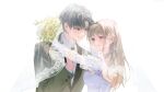  1boy 1girl absurdres arms_around_neck artist_request black_eyes black_hair black_jacket blue_dress bouquet bridal_veil brown_eyes brown_hair choi_jongsu closed_mouth collared_shirt commission couple dress eye_contact flower garbage_time hair_flower hair_ornament hair_ribbon hand_on_another's_arm happy hetero highres jacket layered_sleeves long_hair long_sleeves looking_at_another oc_x_canon original ribbon second-party_source shirt short_hair simple_background smile straight_hair suit suit_jacket veil very_short_hair wedding wedding_dress white_background white_ribbon white_shirt white_veil 