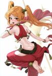  1girl :d absurdres ass barefoot blush butt_crack commentary_request commission dancer goback hair_tubes harem_outfit highres holding idolmaster idolmaster_million_live! idolmaster_million_live!_theater_days long_hair looking_at_viewer looking_to_the_side metal_hair_tubes official_alternate_costume official_alternate_hairstyle ogami_tamaki orange_eyes orange_hair smile solo sparkle standing standing_on_one_leg sweat twintails very_long_hair white_background 