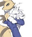  1other animal_ears black_sclera blue_eyes blue_sleeves body_fur claws closed_mouth colored_sclera commentary_request detached_sleeves digimon digimon_(creature) fox_ears fox_tail furry highres kokodari looking_at_another renamon simple_background solo tail white_background 