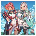  1boy 2girls absurdres bodysuit breasts brown_eyes chest_jewel colored_inner_hair core_crystal_(xenoblade) cowboy_shot dangle_earrings gradient_hair grin headpiece highres long_hair looking_at_viewer multicolored_hair multiple_girls mythra_(switch_2)_(xenoblade) mythra_(xenoblade) official_alternate_color official_alternate_costume official_alternate_hair_color outdoors pyra_(switch_2)_(xenoblade) pyra_(xenoblade) ravenousruss rex_(xenoblade) smile space_print standing starry_sky_print tiara two-tone_hair v white_bodysuit xenoblade_chronicles_(series) xenoblade_chronicles_2 