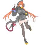  1girl 1other absurdres asymmetrical_gloves black_hat black_horns breasts commentary_request curled_horns dragon_girl dragon_horns dress fingerless_gloves full_body gloves green_eyes hair_between_eyes hand_up hat highres holding holding_knife holding_weapon horns knife large_breasts lauging_man_(shun_a_t_i_o) leg_up long_hair looking_at_viewer magus_(zenless_zone_zero) mechanical_horns mechanical_tail mismatched_gloves open_mouth orange_hair orange_pupils orphie_magnusson pale_colors pointy_ears simple_background single_fingerless_glove smile standing standing_on_one_leg tail thighhighs twintails v weapon white_background yellow_gloves zenless_zone_zero zipper_dress 