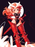  1girl andaerz arm_above_head armor armored_boots belt black_background black_leotard black_thighhighs boots bow breasts detached_sleeves from_below hair_bow high-waist_belt highres large_bow large_breasts leotard long_hair looking_at_viewer looking_down moon multiple_belts original ponytail red_armor red_boots red_eyes red_hair red_sleeves ribbed_leotard scabbard sheath sheathed sidelocks solo sword symbol-shaped_pupils thigh_boots thighhighs thighhighs_under_boots weapon white_bow wide_hips 
