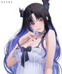  1girl asymmetrical_horns avene_chan black_hair black_horns blue_hair breasts cleavage colored_inner_hair commentary demon_horns frilled_negligee highres hololive hololive_english horns large_breasts long_hair looking_at_viewer mole mole_under_eye multicolored_hair negligee nerissa_ravencroft nerissa_ravencroft_(nighttime_princess) official_alternate_costume official_alternate_hairstyle simple_background solo two-tone_hair uneven_horns upper_body virtual_youtuber white_background white_negligee 