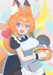  1girl animal_ears apron black_dress black_eyes borrowed_character commentary dress english_commentary food fox_ears fox_girl fox_tail highres long_hair maid maid_apron noodles octopus orange_hair orenji_saki_(orangefox) original ribbon snorezu solo_focus tail 