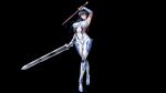  1girl arm_guards arm_up armored_boots armpits asymmetrical_dual_wielding black_background black_hair bodysuit boots breasts covered_navel covered_nipples crossed_legs dual_wielding elbow_gloves evil_smile fishnets full_body gloves grin half-closed_eyes holding holding_sword holding_weapon igawa_asagi impossible_bodysuit impossible_clothes katana large_breasts long_hair looking_at_viewer multiple_swords multiple_weapons ninja official_art parted_lips reverse_grip shiny_clothes simple_background skin_tight smile smirk smug solo standing sword tachi-e taimanin_(series) taimanin_asagi taimanin_rpgx taimanin_suit third-party_source weapon white_bodysuit 