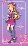  1girl arm_cutout blonde_hair character_name clothing_cutout commentary commission crescent crescent_earrings d-scanner digimon digimon_frontier digivice drop_shadow earrings east-west_crossover english_commentary flower full_body fusion gradient_background gradient_clothes gradient_shoes gradient_skirt gradient_vest green_eyes grey_socks hand_on_own_hip hat highres holding jewelry kneehighs long_hair lunelita midriff mismatched_earrings multicolored_shirt multicolored_shoes navel open_clothes open_vest orimoto_izumi pink_hat pink_shoes pink_skirt pink_vest purple_background purple_shoes purple_skirt purple_vest sabrina_spellman sabrina_the_teenage_witch second-party_source shirt shoes short_sleeves skirt smile socks solo standing star_(symbol) star_earrings striped_clothes striped_shirt twitter_username two-tone_shirt two-tone_shoes two-tone_skirt two-tone_vest vest 