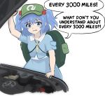  1girl arm_up backpack bag blue_eyes blue_hair blue_shirt car engine english_text furrowed_brow green_hat hair_bobbles hair_ornament hat highres kawashiro_nitori key long_hair looking_at_viewer maintenance motor_vehicle open_car_hood shirt short_sleeves simple_background sketch solo speech_bubble standing tearing_up touhou toyota twintails two_side_up upper_body white_background xinumizu 