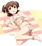  akagi_miria ankleband bare_legs bare_shoulders barefoot black_hair blanket brown_eyes collarbone commentary crop_top dated drawstring full_body fur_trim hair_bobbles hair_ornament idolmaster idolmaster_cinderella_girls looking_at_viewer lying nagian navel parted_lips pom_pom_(clothes) short_hair short_shorts shorts solo two_side_up wristband 