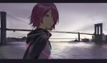  1girl absurdres arknights bridge closed_mouth commentary_request exusiai_(arknights) flag flagpole hair_over_one_eye highres hood hood_down red_hair short_hair solo suspension_bridge tagme upper_body water yingfeng862 