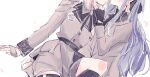  2girls 55ddee bang_dream! bang_dream!_it's_mygo!!!!! black_gloves black_ribbon blonde_hair blue_hair fingerless_gloves gloves grey_hair grey_jacket hair_ribbon head_out_of_frame implied_kiss jacket long_hair long_sleeves medium_hair misumi_uika multiple_girls ribbon sidelocks simple_background togawa_sakiko white_background yuri 