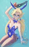  1girl absurdres animal_ears blonde_hair blue_bow blue_bowtie blue_eyes blue_leotard boutsoftheblind bow bowtie breasts clothing_cutout collar detached_collar dokibird fang glasses gun highres indie_virtual_youtuber kneeling leotard long_hair looking_at_viewer medium_breasts navel_cutout orange_nails pantyhose playboy_bunny rabbit_ears rabbit_tail revolver simple_background skin_fang smile solo tail twintails virtual_youtuber weapon white_collar white_wrist_cuffs wrist_cuffs 